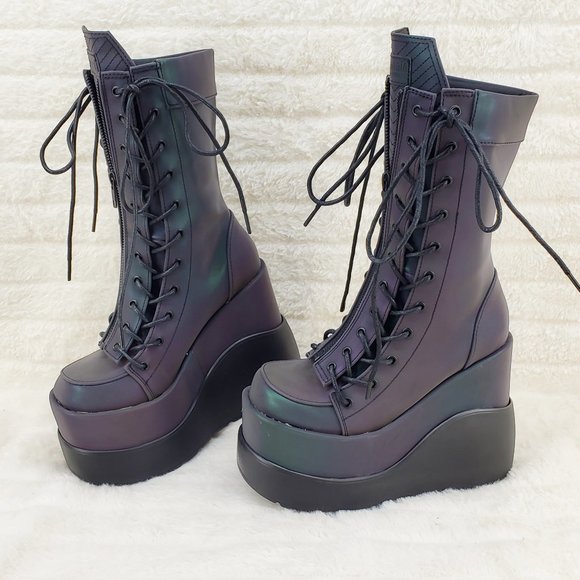 Void Purple Green Reflective Platform Wedge Mid Calf Goth Festival Boots NEW - Picture 17 of 17